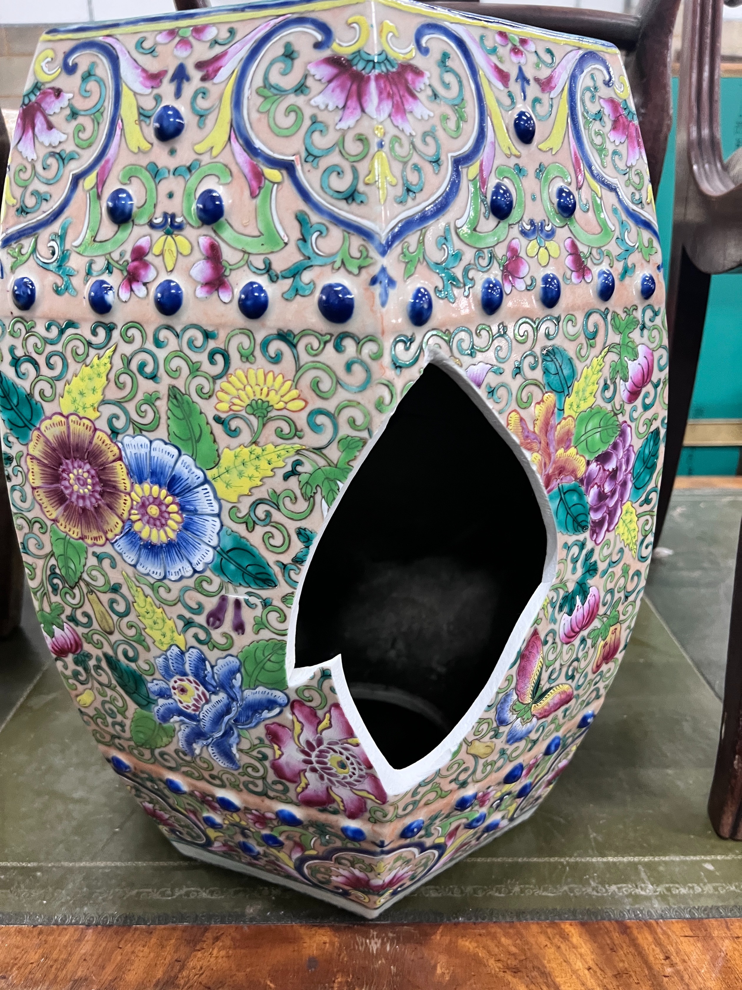 Two modern Chinese porcelain garden seats, width 40cm, depth 40cm, height 48cm (one a.f.) *Please note the sale commences at 9am.